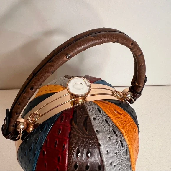 Alyssa Faux Vegan Leather Ostrich Texture Round Sphere Ball Handbag Multicolor - Picture 2 of 15